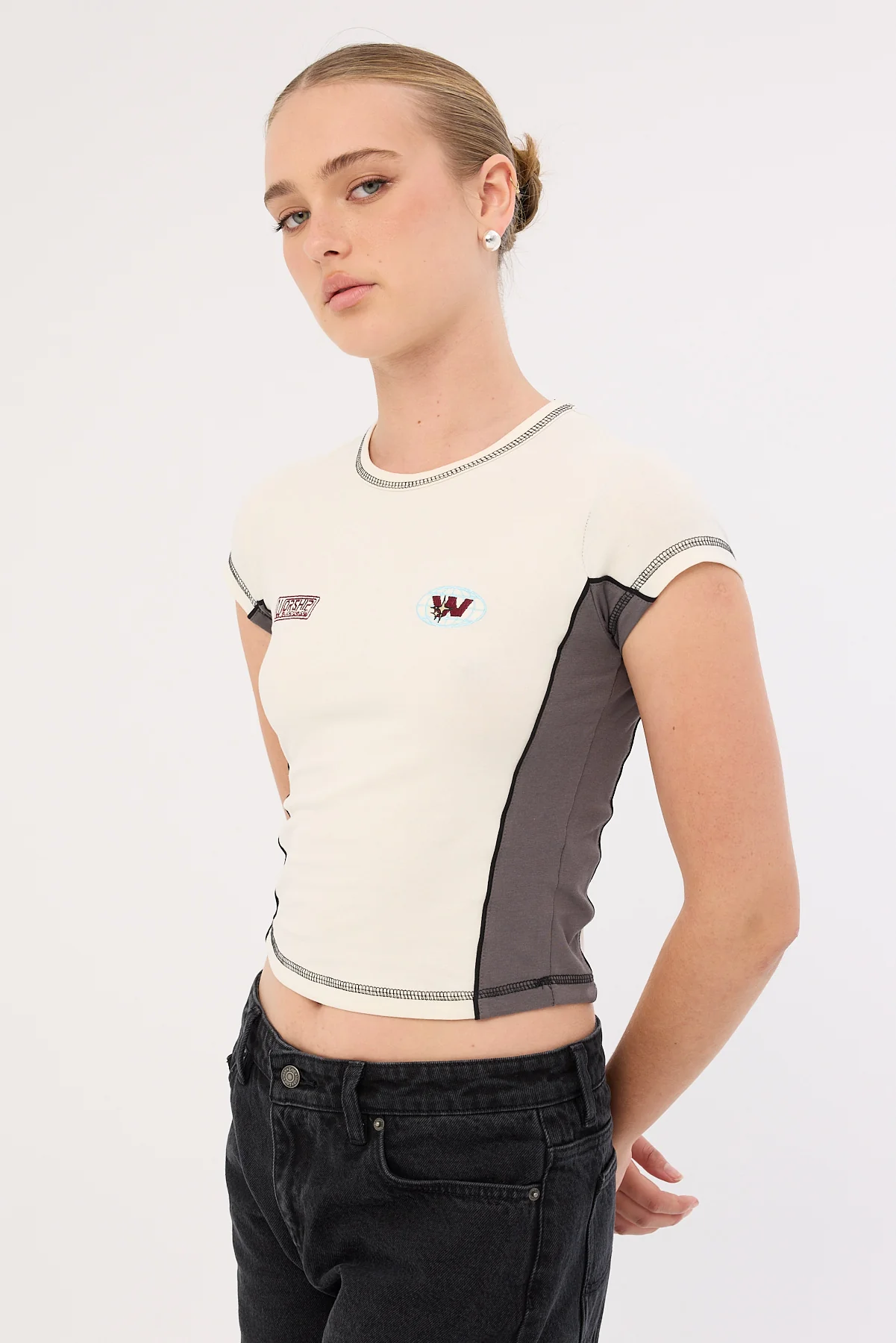 Worship Anytime Panelled Cap Sleeve Tee Zine/Worn Black - Image 4