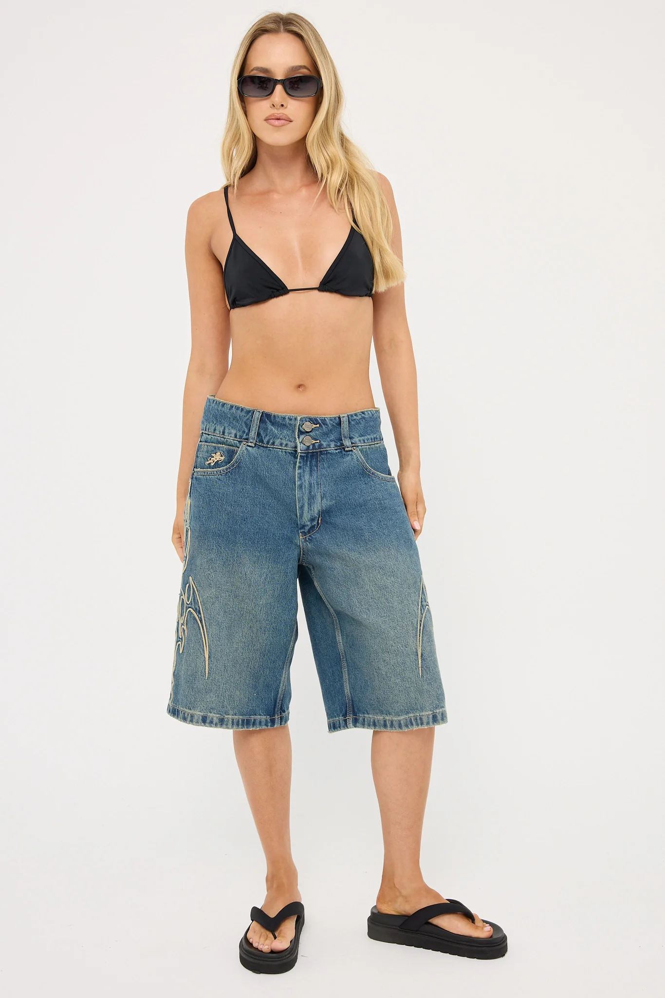 Worship At Peace 00s Baggy Denim Short Dirty Mid Blue - Image 2