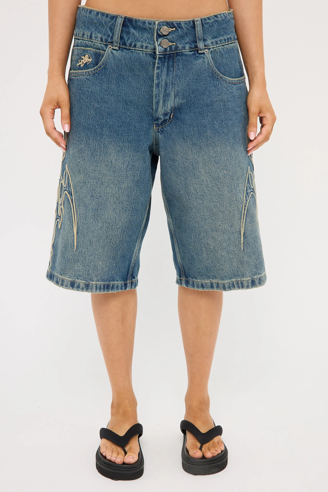 Worship At Peace 00s Baggy Denim Short Dirty Mid Blue - Image 8