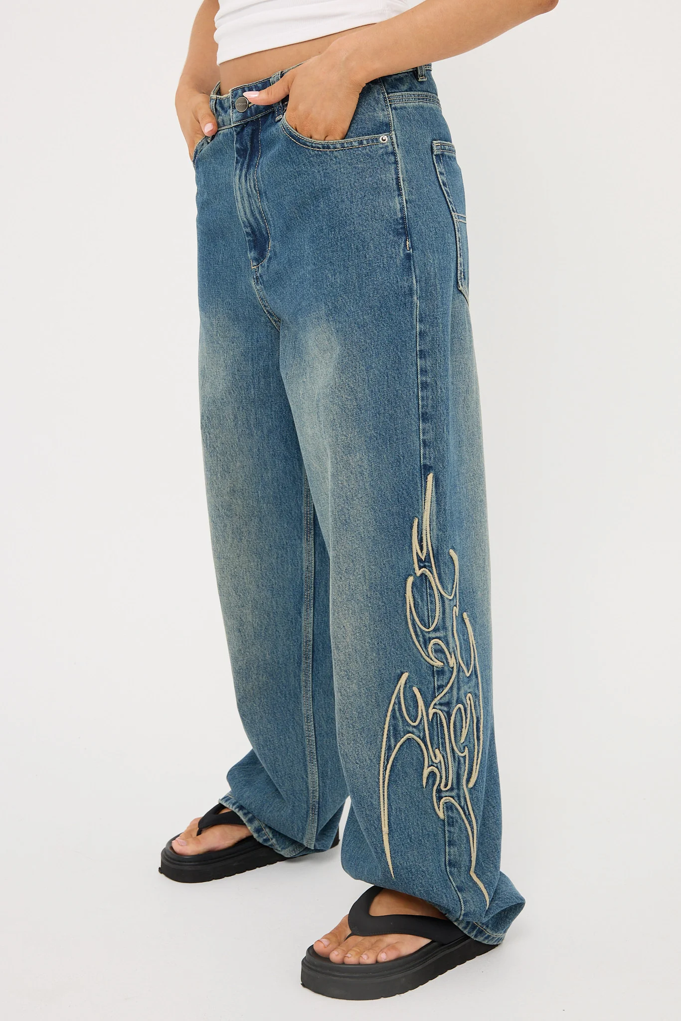 Worship At Peace Big Baggy Jean Dirty Mid Blue - Image 3