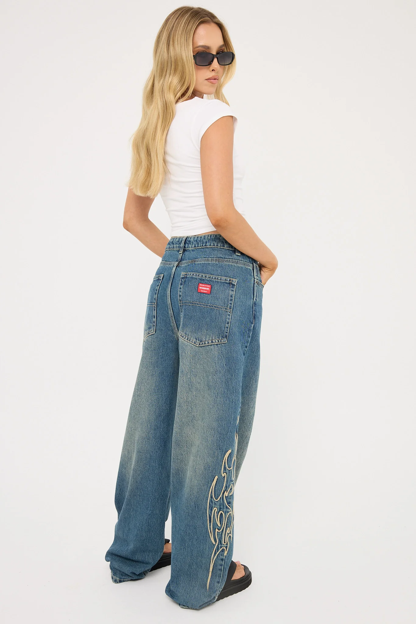 Worship At Peace Big Baggy Jean Dirty Mid Blue - Image 4
