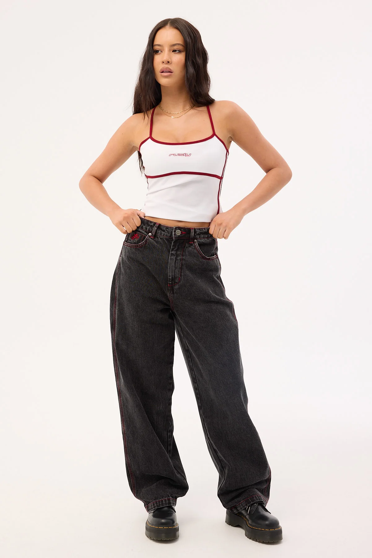 Worship Big Baggy Jean Black Rinse Purple Stitch - Image 2