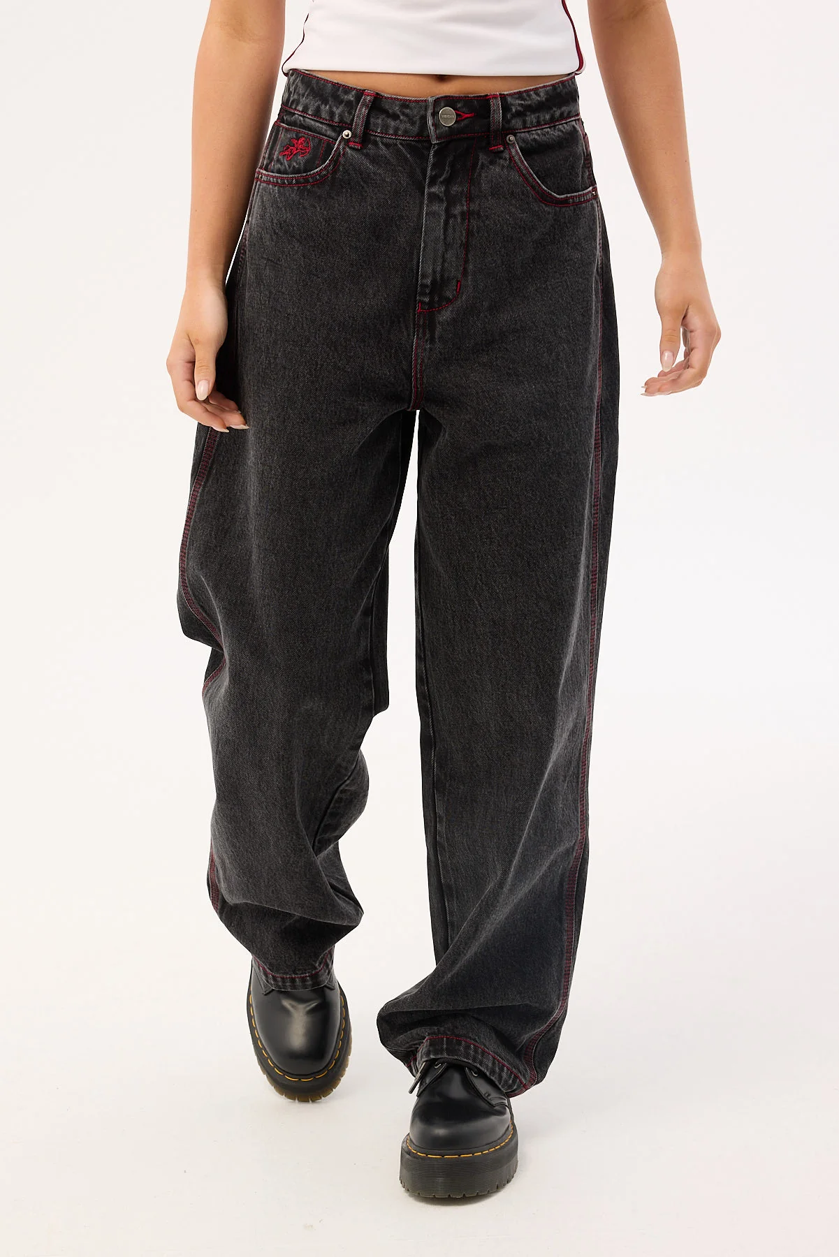 Worship Big Baggy Jean Black Rinse Purple Stitch - Image 3