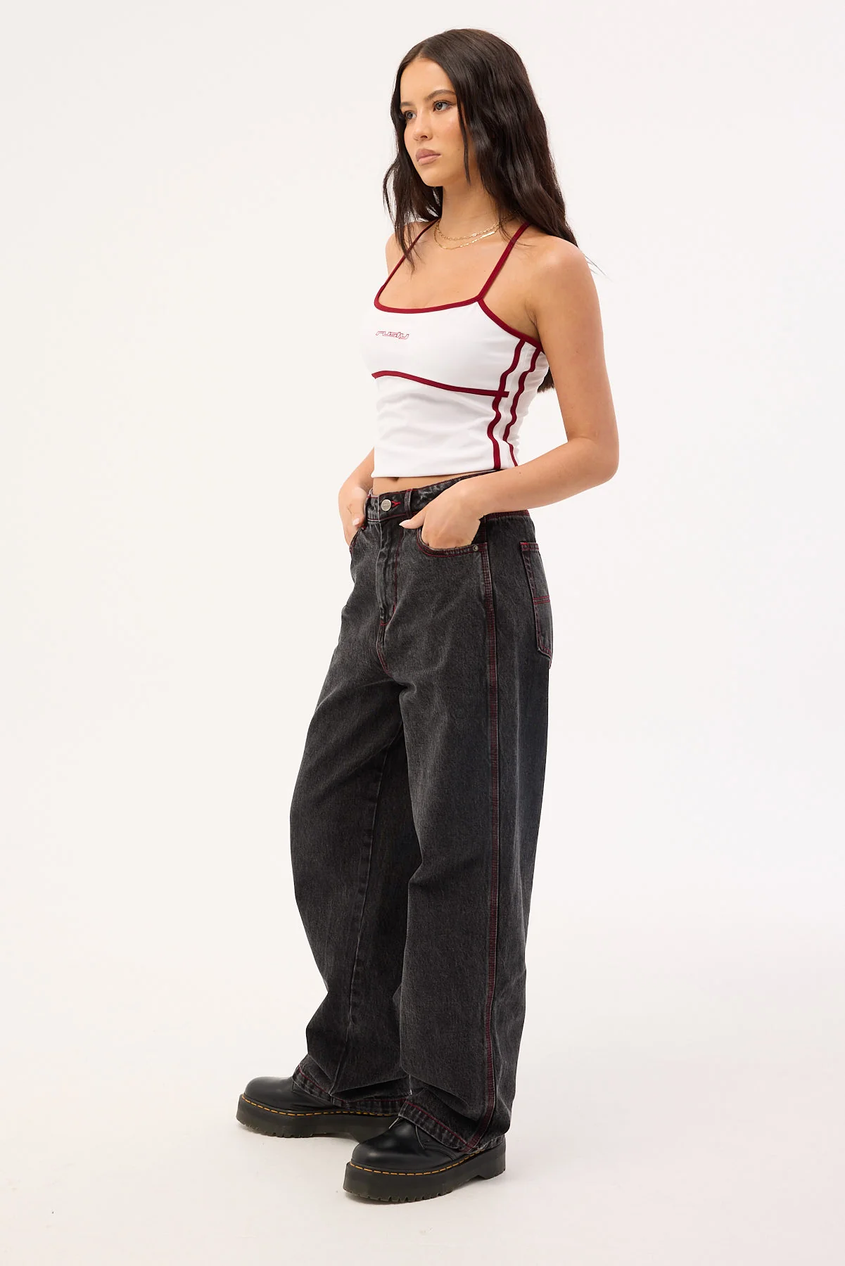 Worship Big Baggy Jean Black Rinse Purple Stitch - Image 4