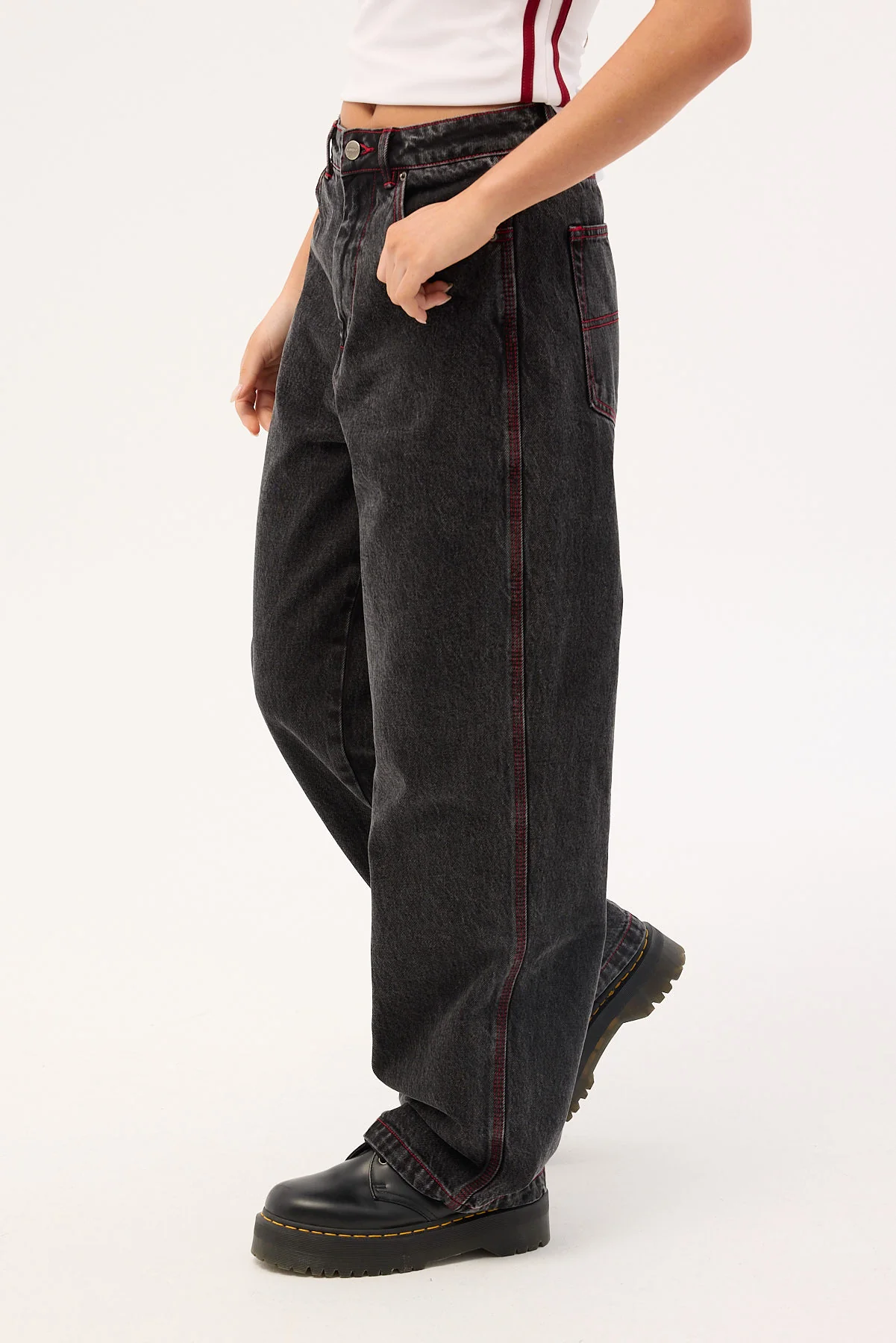 Worship Big Baggy Jean Black Rinse Purple Stitch - Image 5