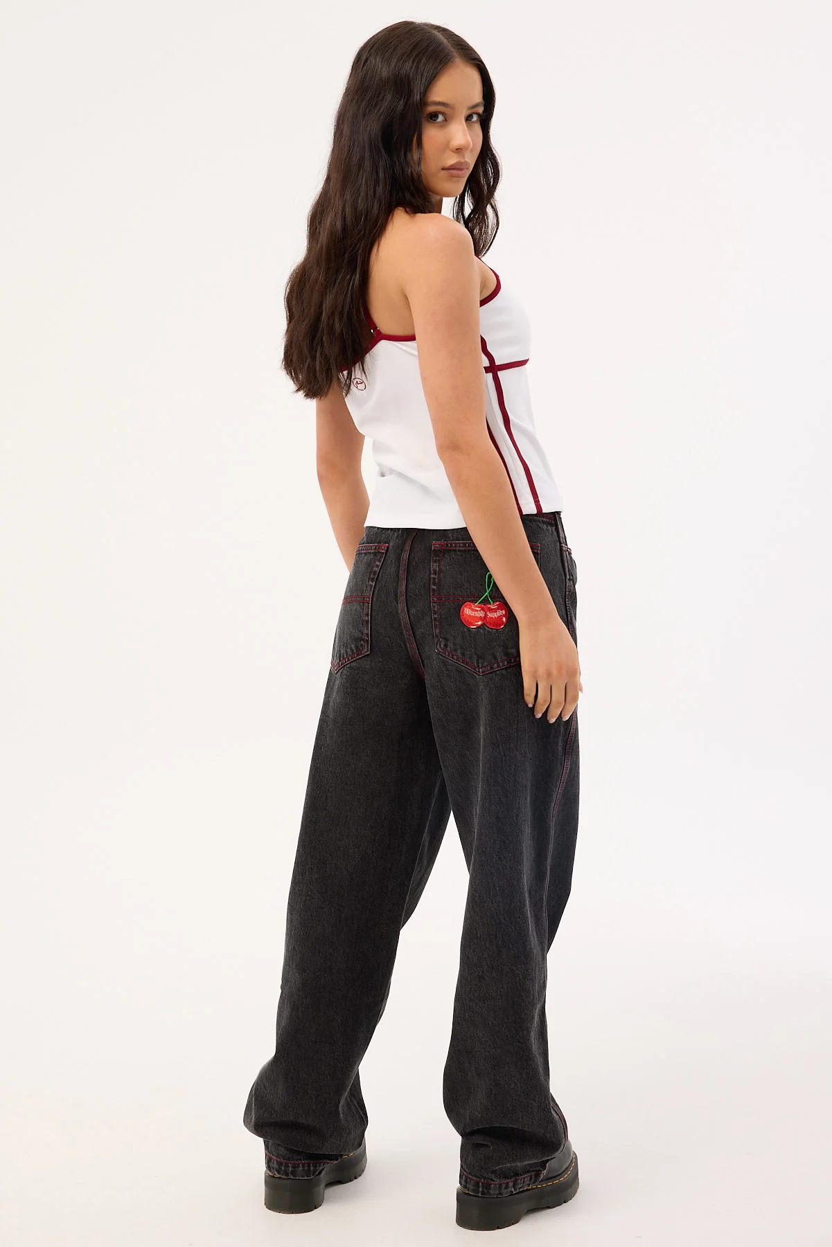 Worship Big Baggy Jean Black Rinse Purple Stitch - Image 6