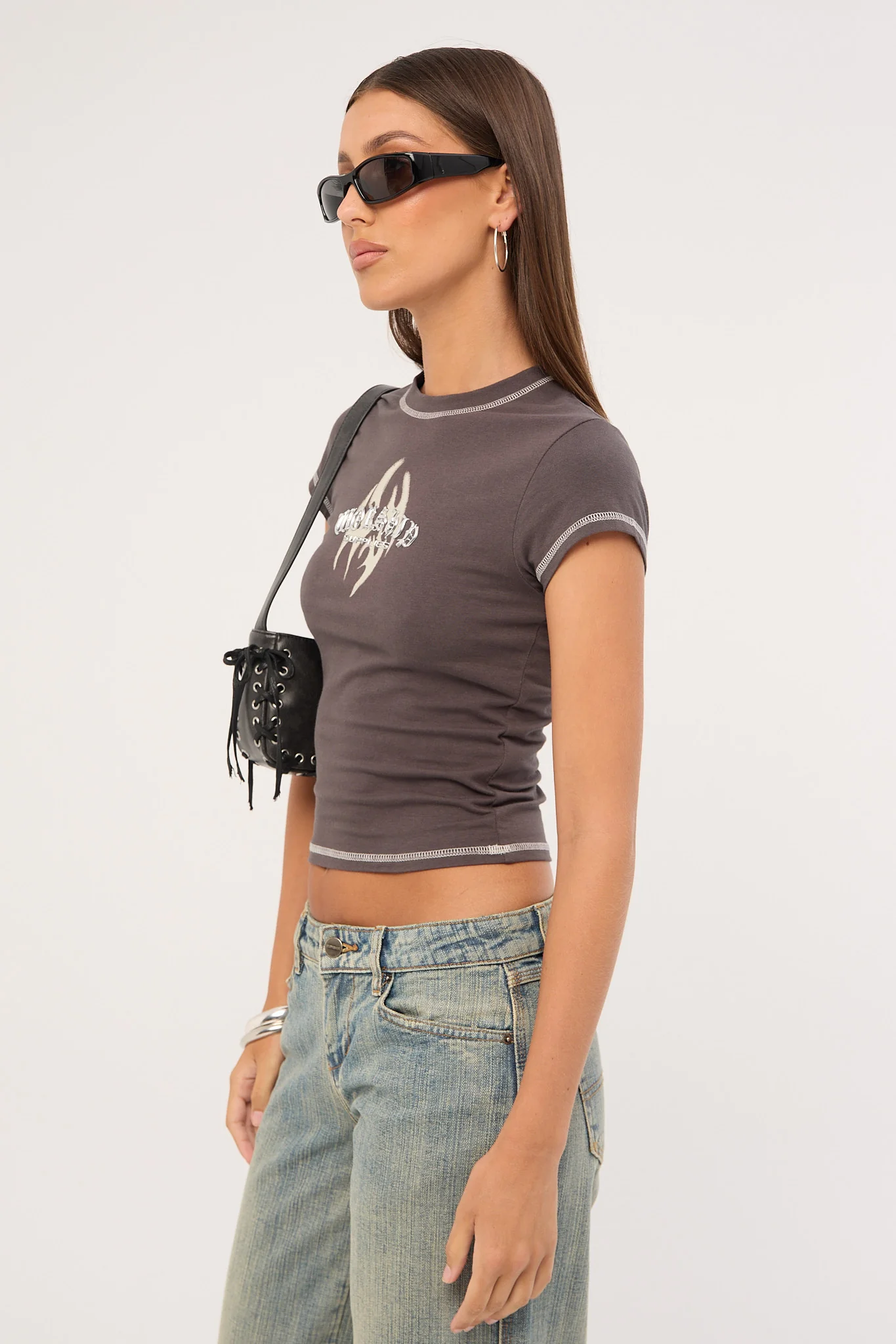 Worship Ghosted Cap Sleeve Tee Worn Black - Image 5