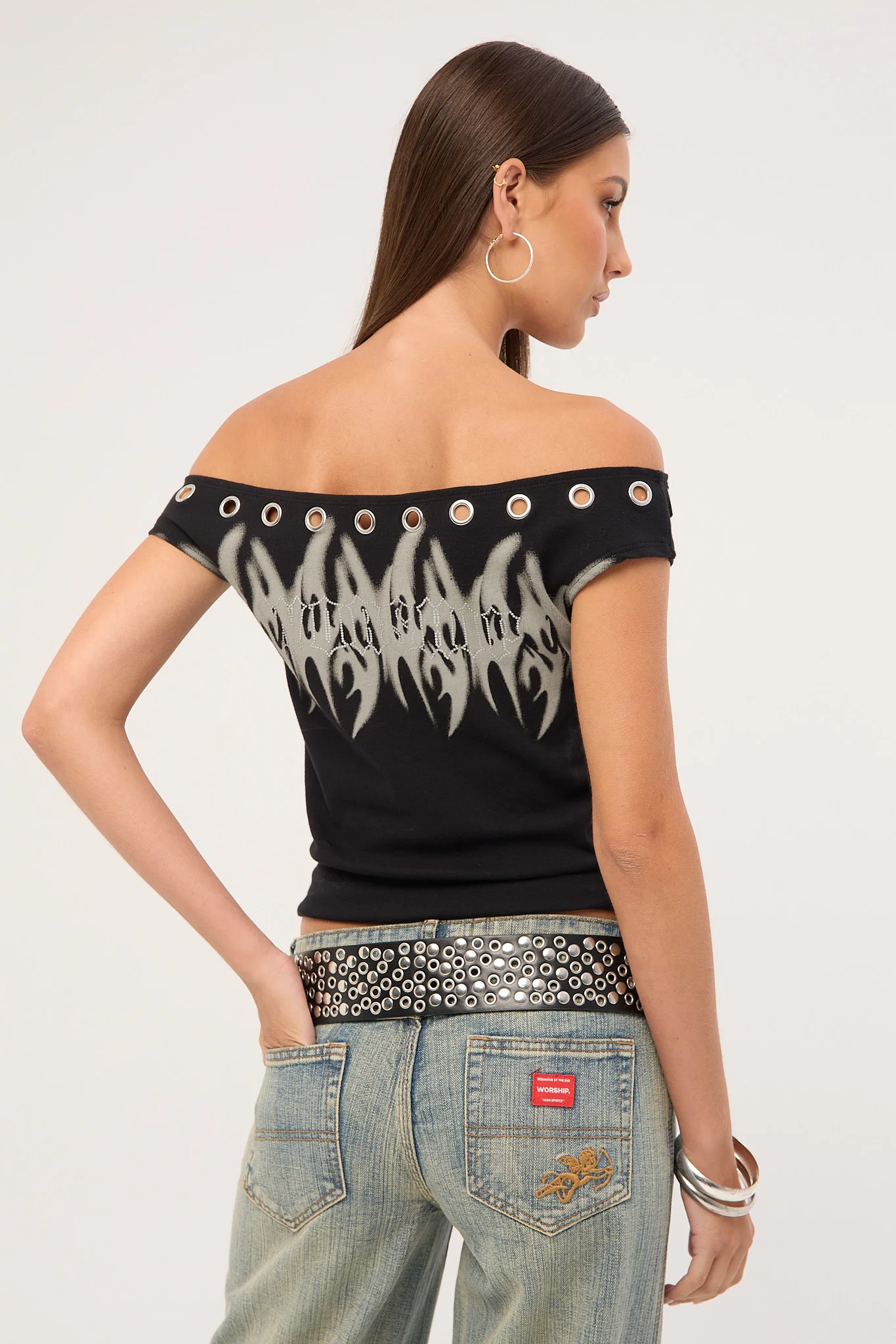 Worship Ghosted Cold Shoulder Off Shoulder Top Black - Image 2