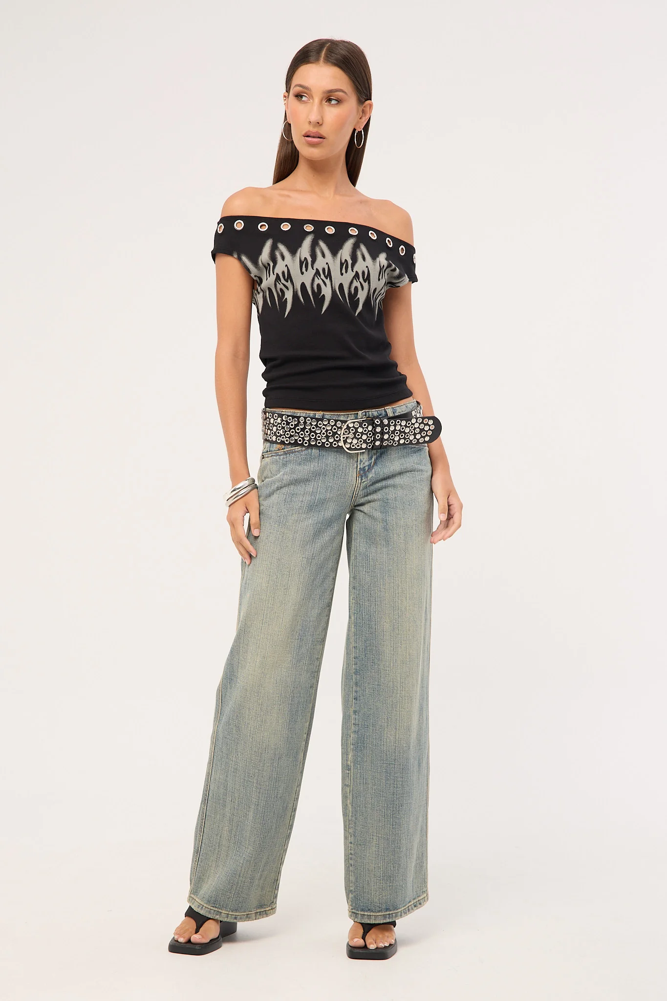 Worship Ghosted Cold Shoulder Off Shoulder Top Black - Image 3