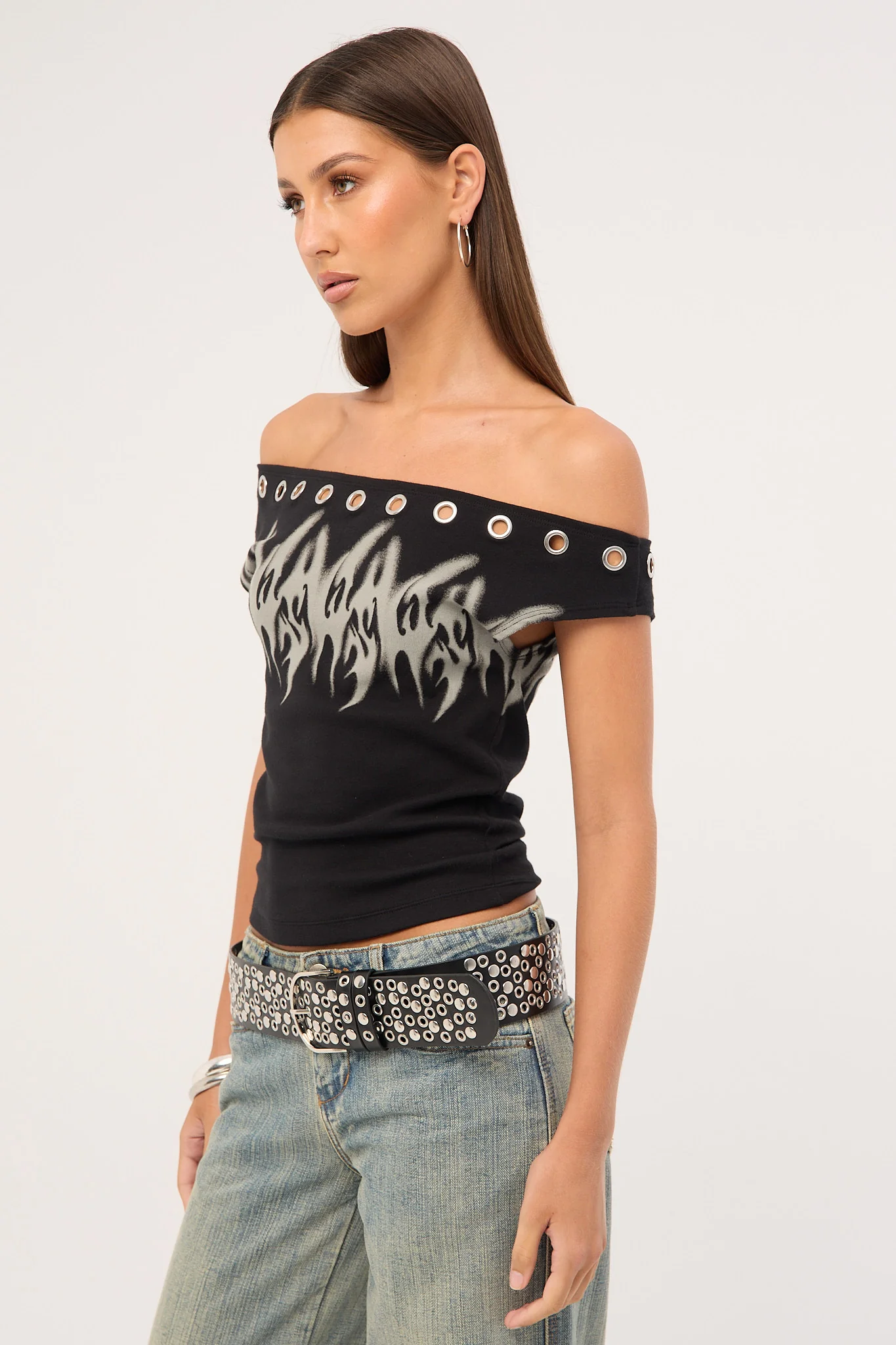 Worship Ghosted Cold Shoulder Off Shoulder Top Black - Image 5