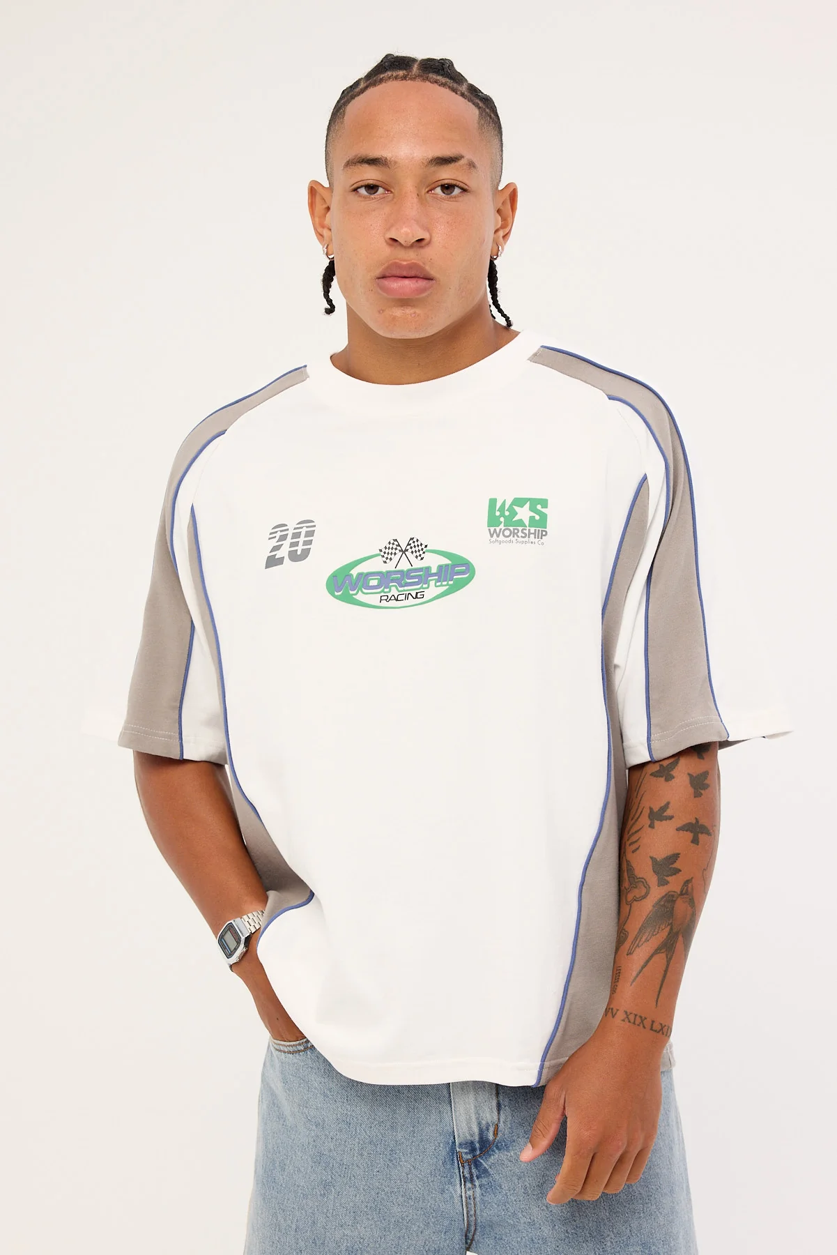 Worship Grand Prix Panel Oversize Cropped Raglan Tee White