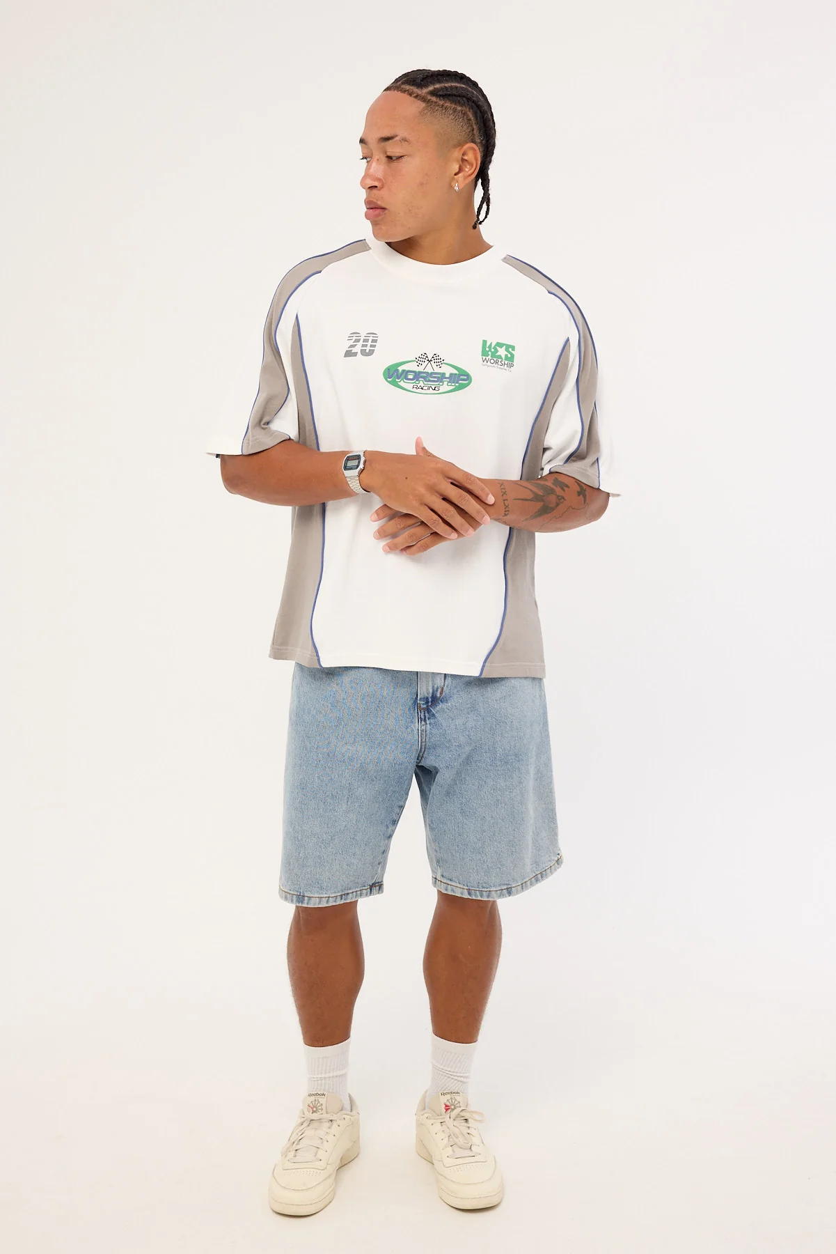 Worship Grand Prix Panel Oversize Cropped Raglan Tee White - Image 2