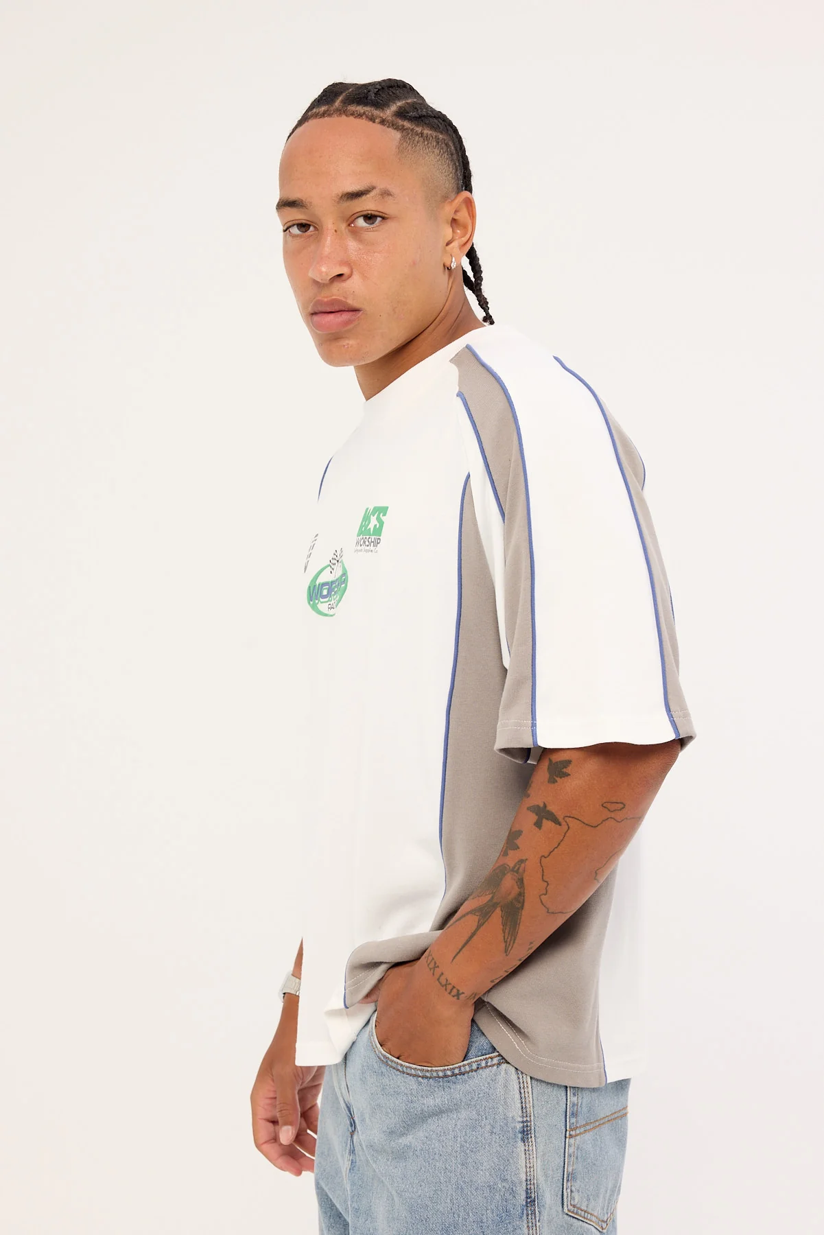 Worship Grand Prix Panel Oversize Cropped Raglan Tee White - Image 3