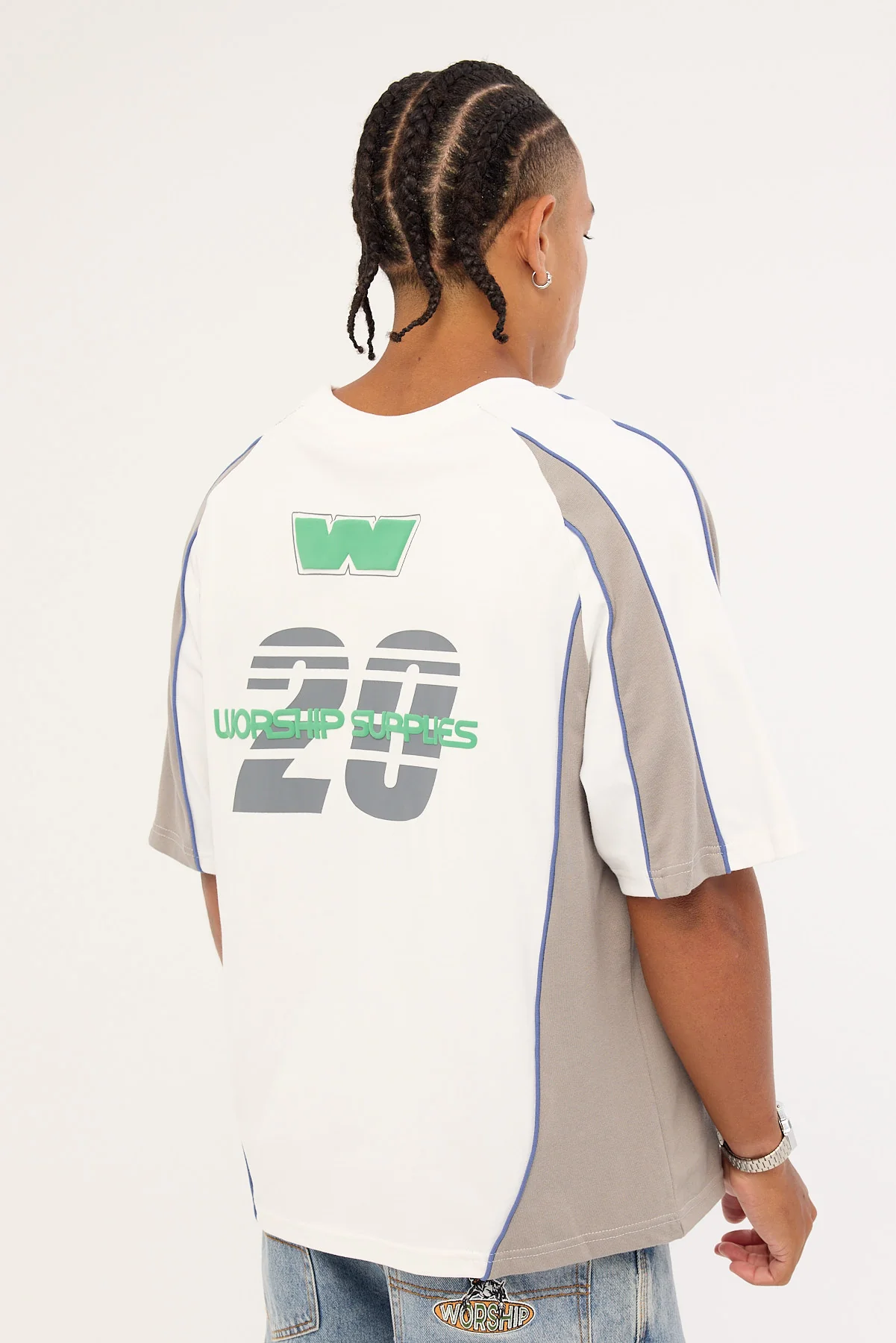 Worship Grand Prix Panel Oversize Cropped Raglan Tee White - Image 4