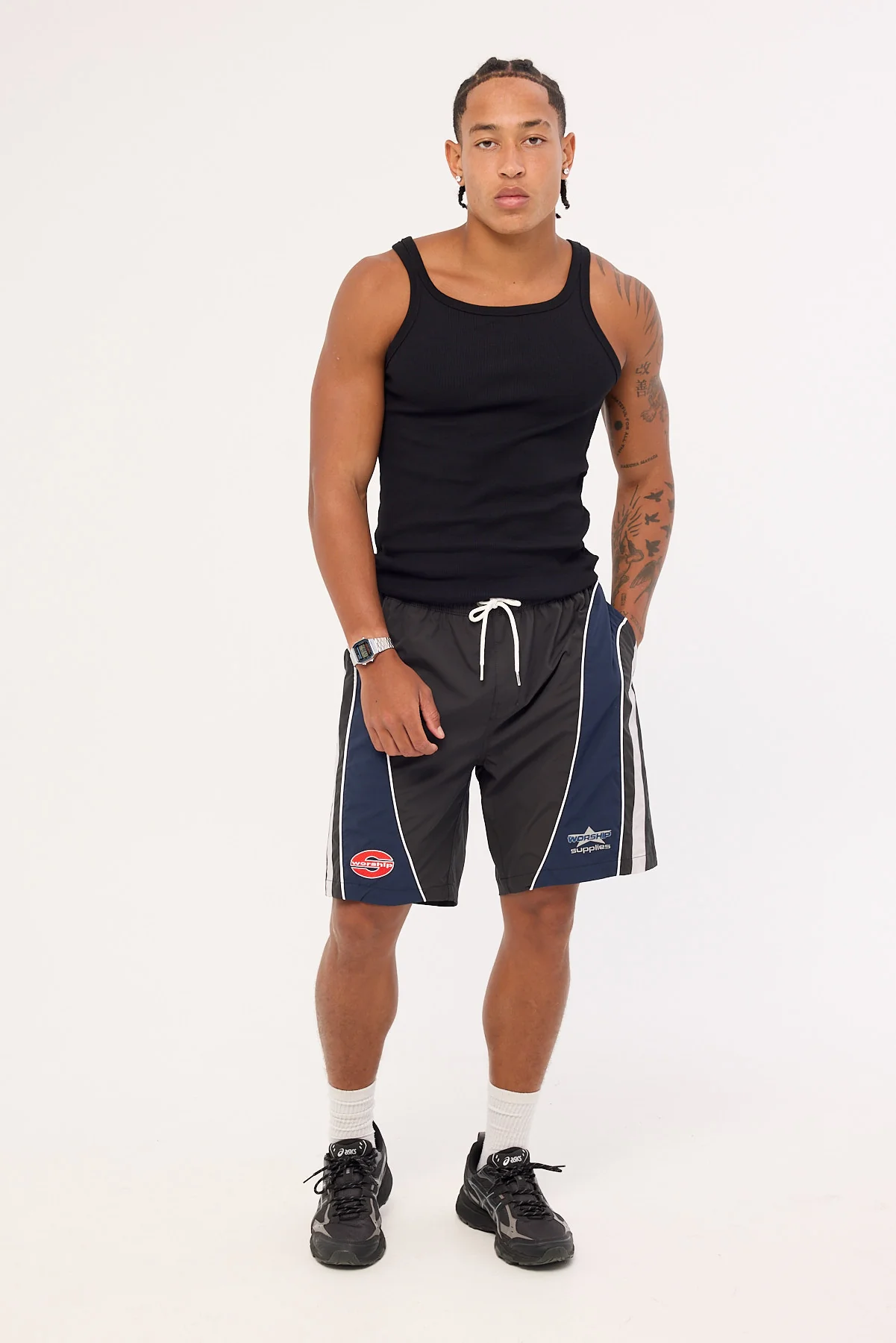 Worship Laps Elastic Swim Short Worn Black
