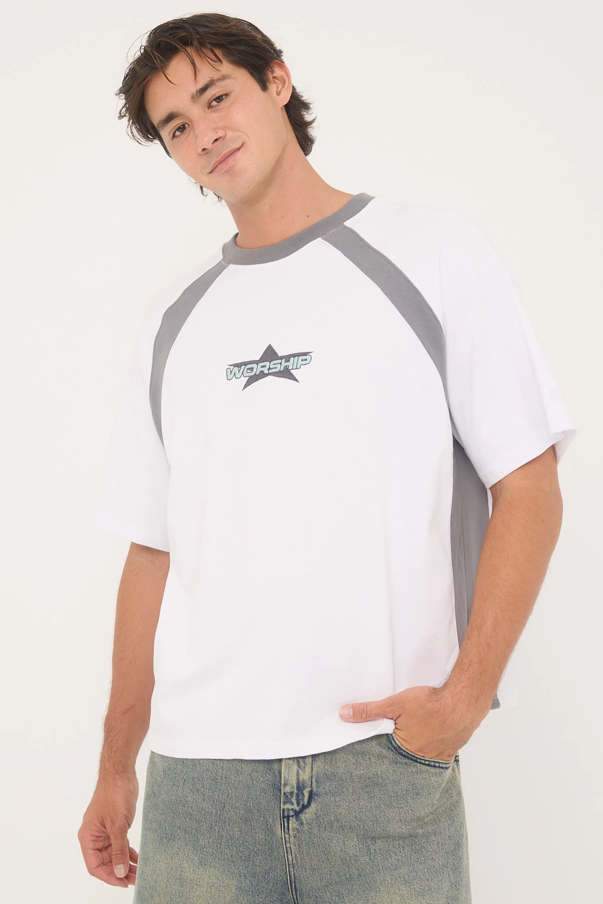 Worship Orion Oversize Raglan Tee White/Steel Grey - Image 3