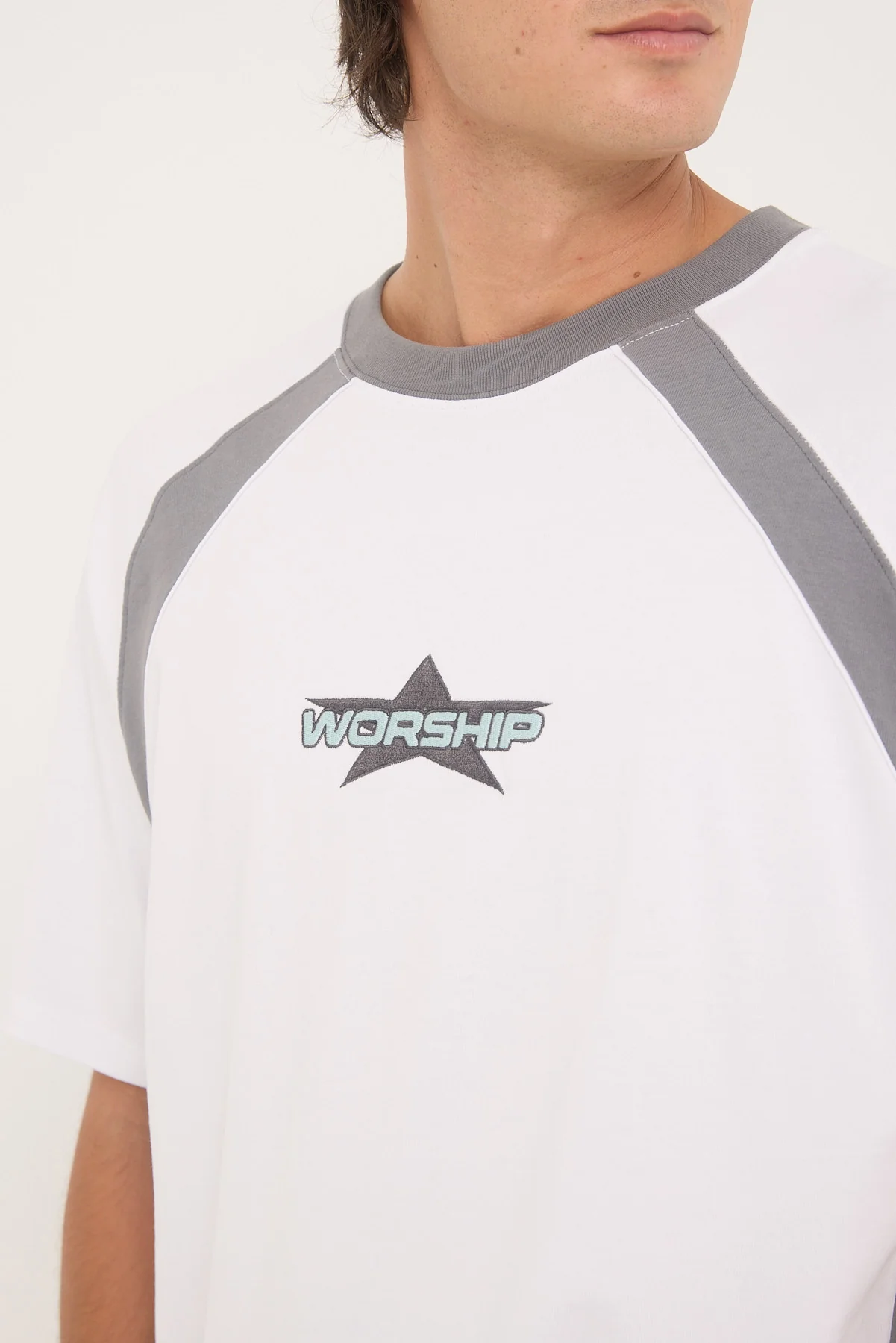 Worship Orion Oversize Raglan Tee White/Steel Grey - Image 4