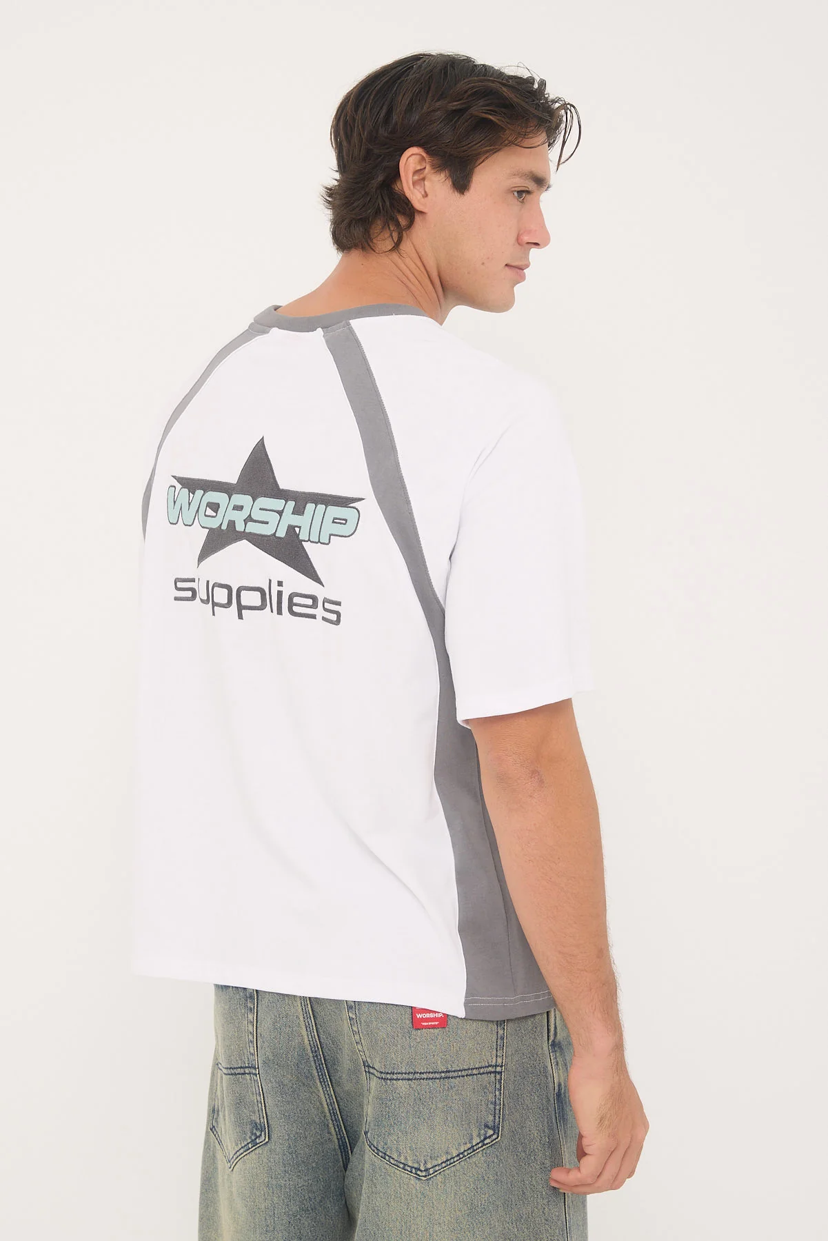 Worship Orion Oversize Raglan Tee White/Steel Grey - Image 6
