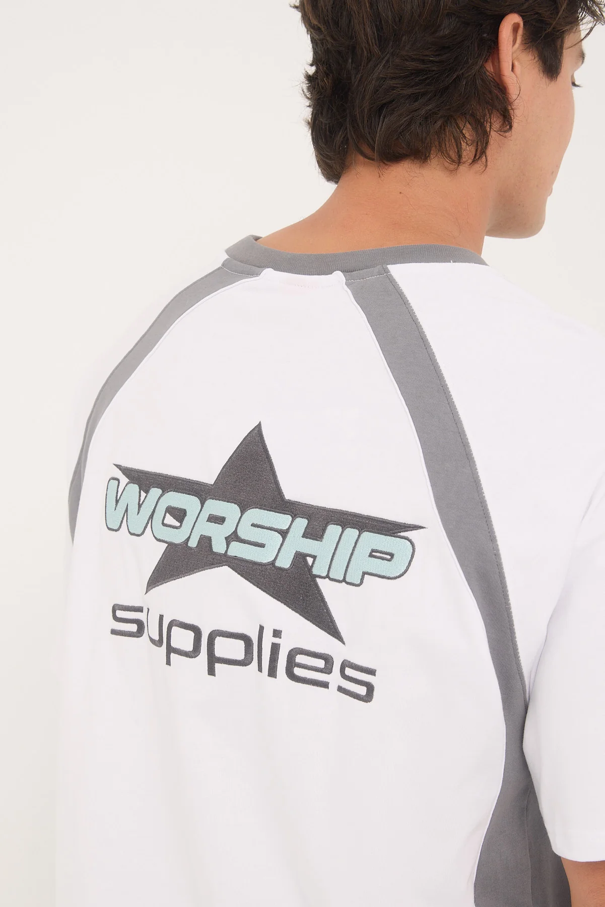 Worship Orion Oversize Raglan Tee White/Steel Grey - Image 7