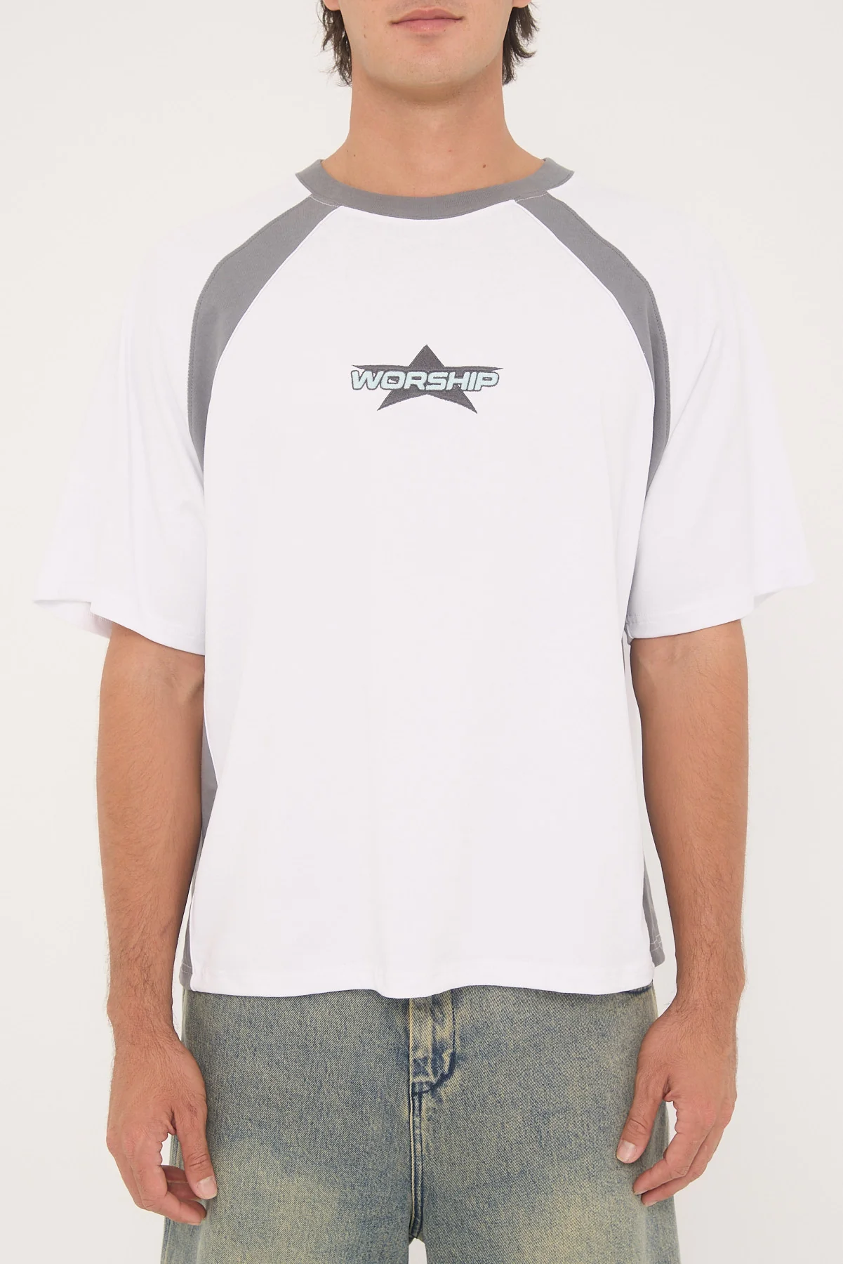 Worship Orion Oversize Raglan Tee White/Steel Grey - Image 8