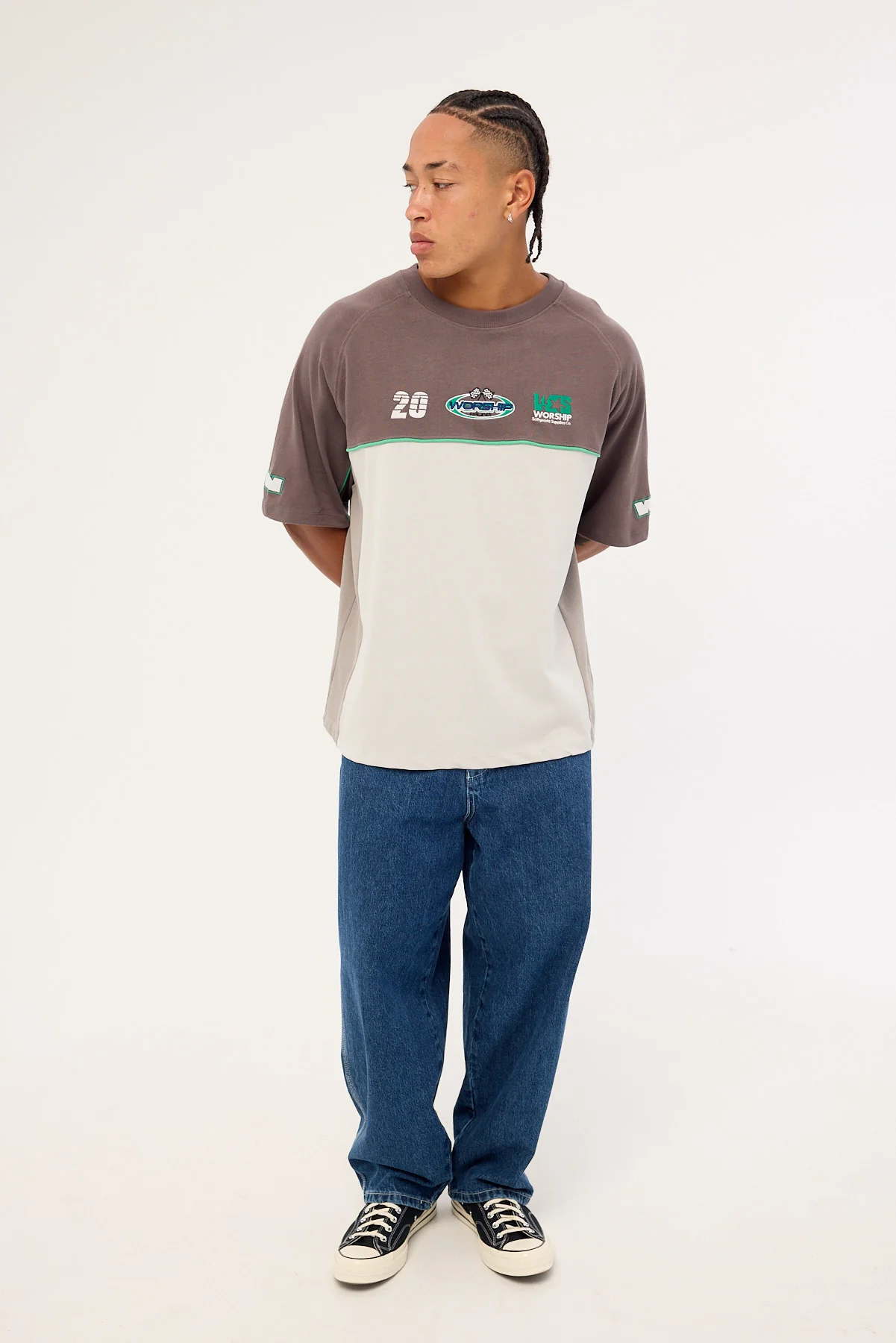 Worship Pit Crew Panel Oversize Raglan Tee Worn Black - Image 2