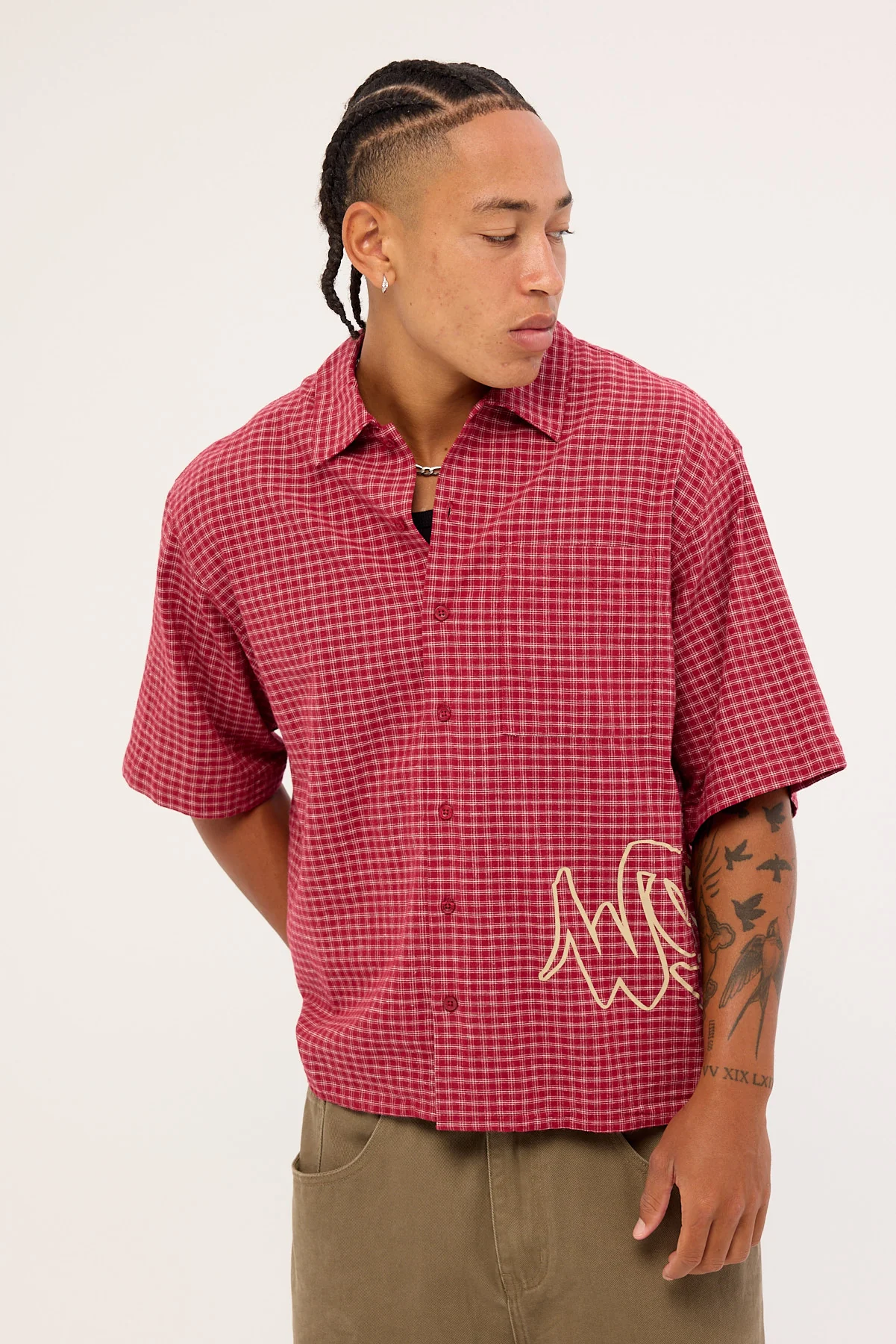 Worship Spray Check Box Crop Shirt Puddle Burgundy