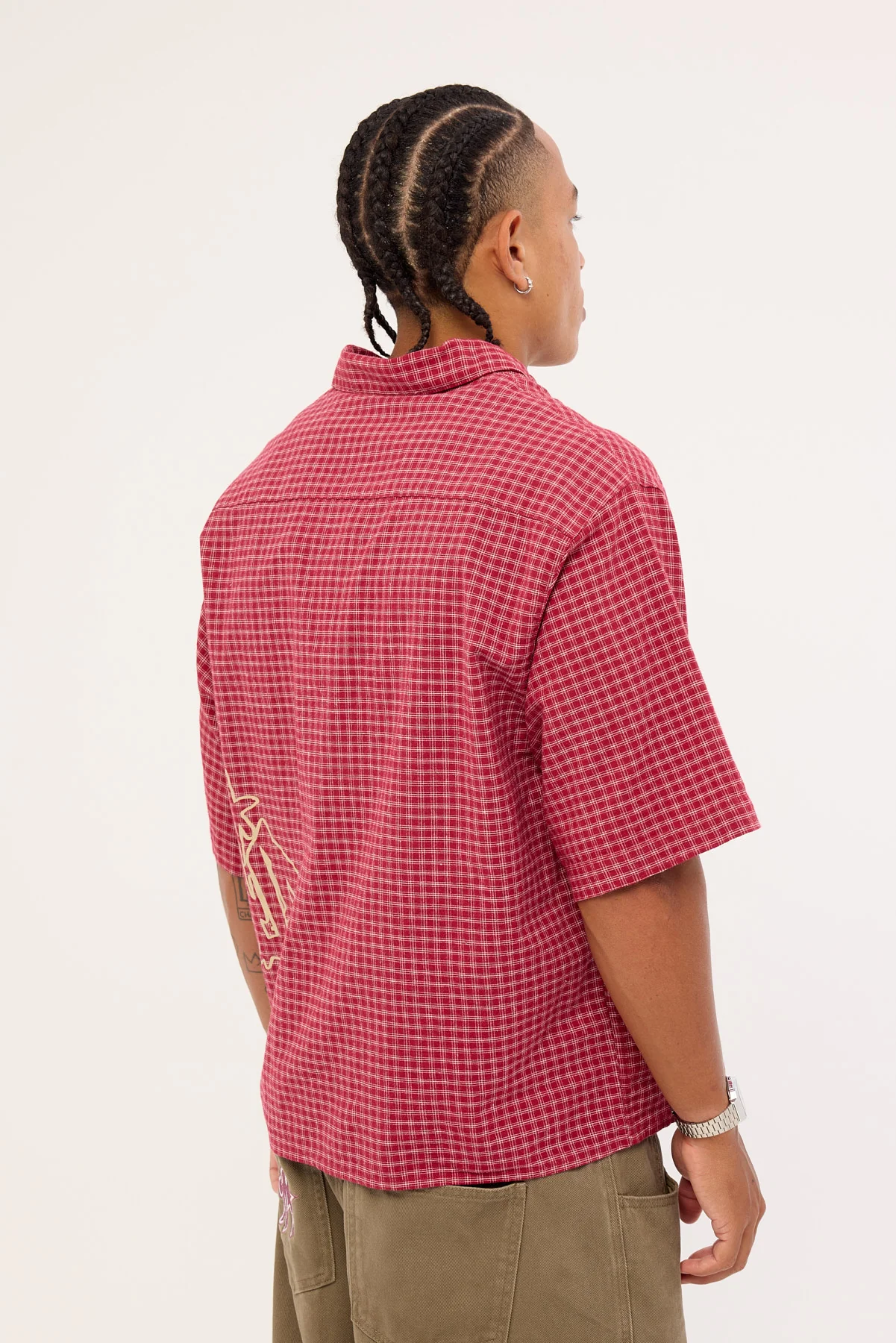 Worship Spray Check Box Crop Shirt Puddle Burgundy - Image 4