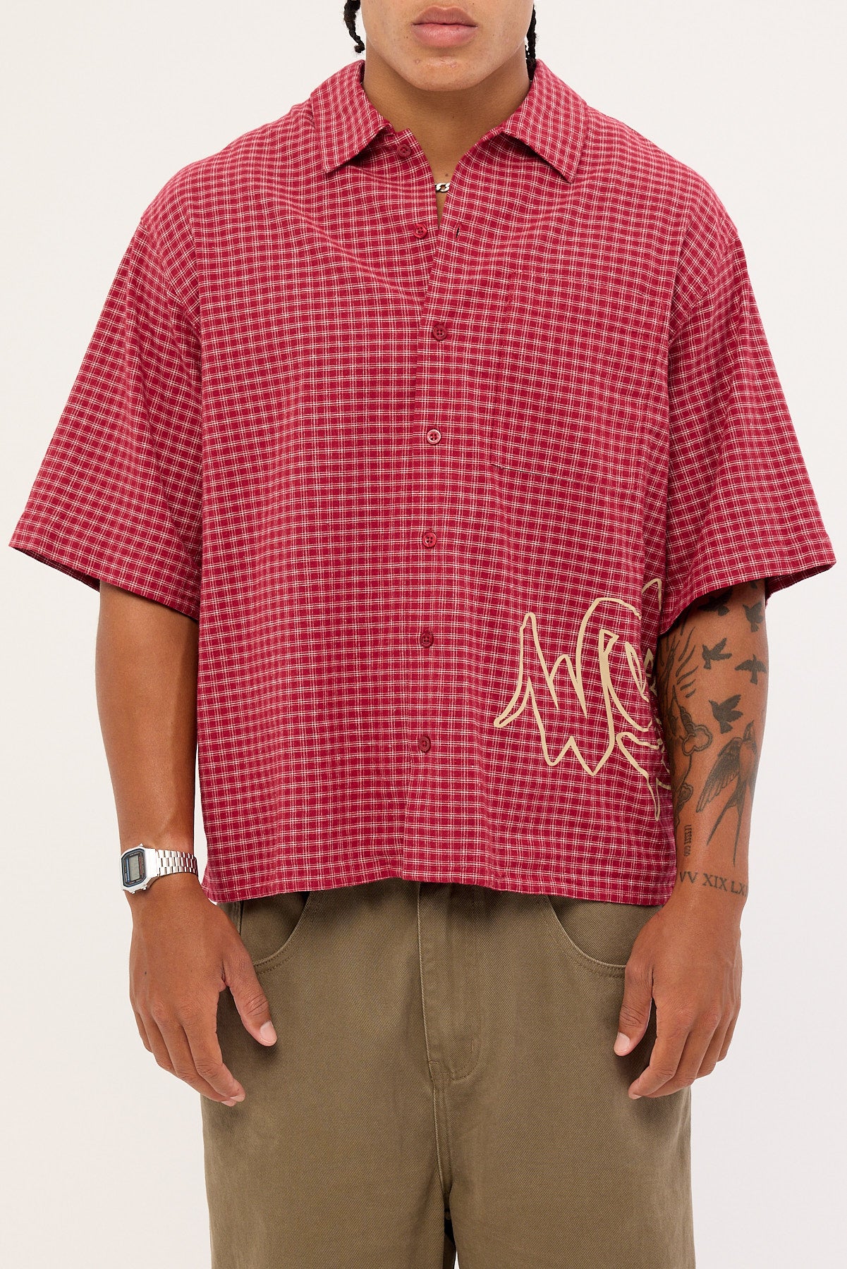 Worship Spray Check Box Crop Shirt Puddle Burgundy - Image 6