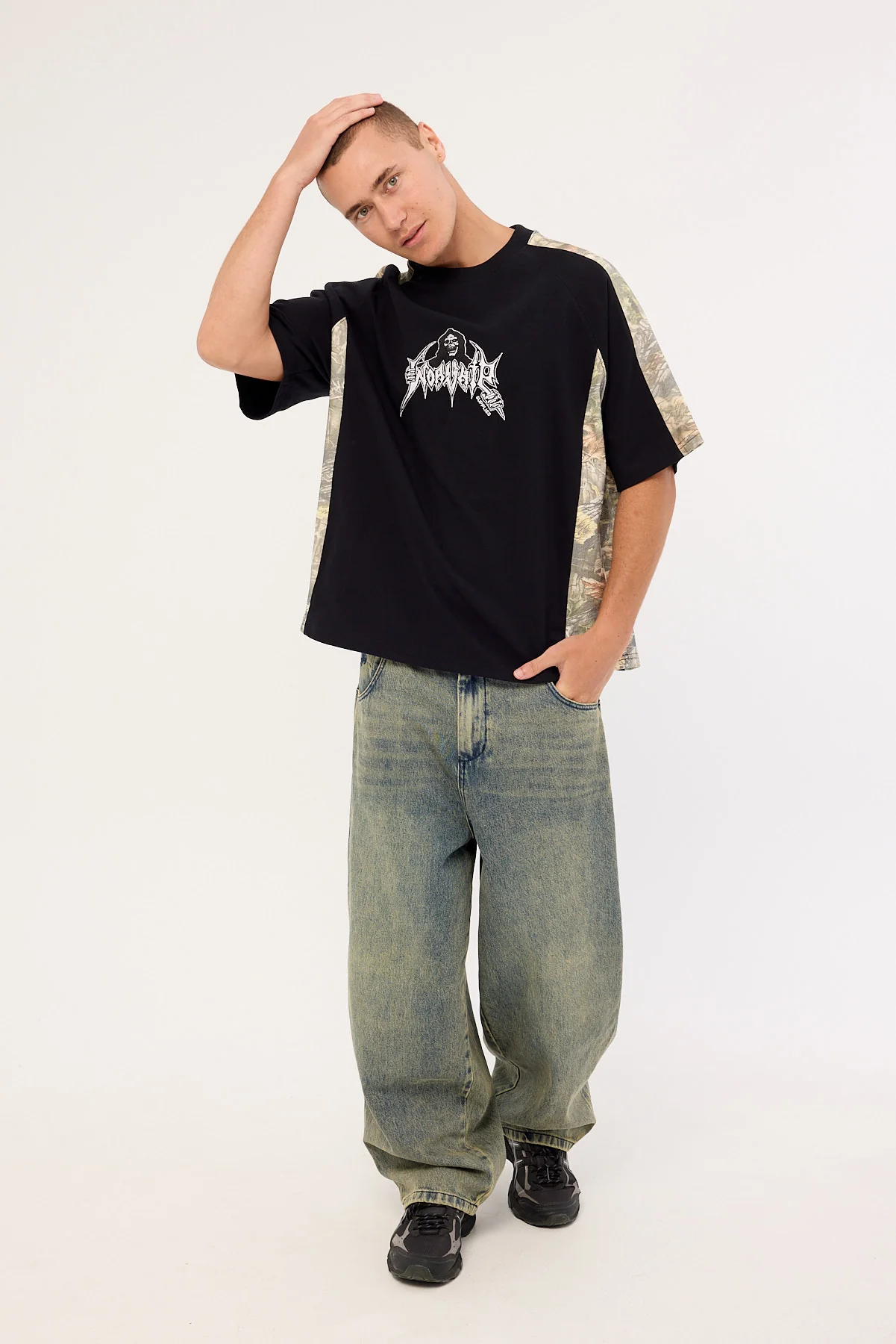 Worship Breaker Box Crop Raglan Panel Tee Black Camo - Image 4