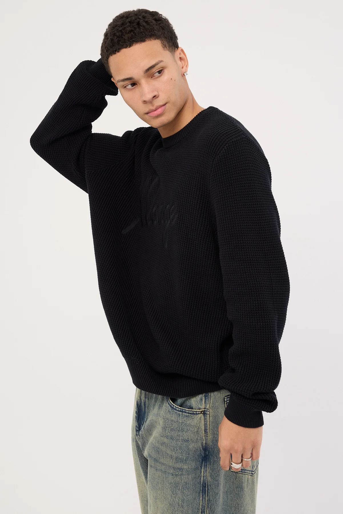Xlarge Script Waffle Knit Sweater Black - Image 4